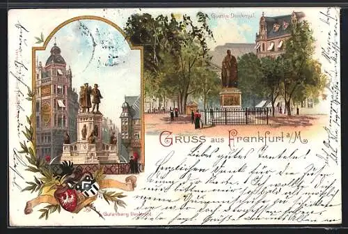 Lithographie Frankfurt a. M., Gutenberg-Denkmal und Goethe-Denkmal