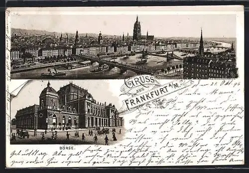 Lithographie Frankfurt a. M., Börse, Teilansicht aus der Vogelschau