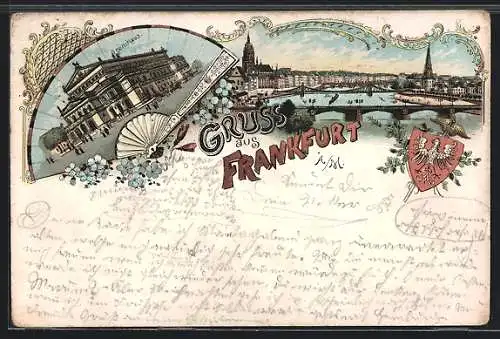 Lithographie Frankfurt a. M., Opernhaus, Teilansicht mit Mainbrücken, Wappen