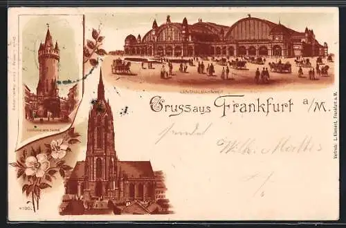Lithographie Frankfurt a. M., Eschenheimer Thurm, Centralbahnhof