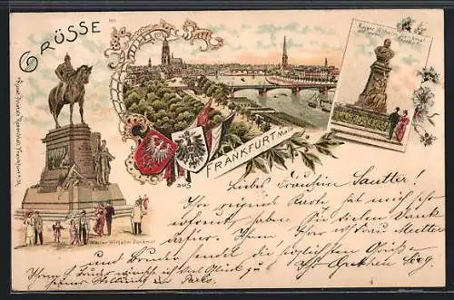 Lithographie Frankfurt am Main, Teilansicht, Kaiser Wilhelm Denkmal, Kaiser Wilhelm Denkmal auf dem Posthof