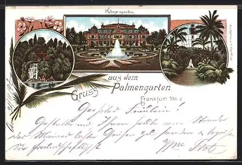 Lithographie Frankfurt-Westend, Palmengarten mit Gebäude, Wasserfall