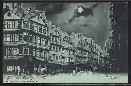 Mondschein-AK Frankfurt-Nordend, Strasse Fahrgasse mit Gasthaus Würzburger Eck A. Schmidt