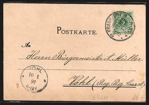 Lithographie Frankfurt, Festpostkarte 1896, Gesamtansicht & Kaiser Wilhelm-Denkmal, Friedenskonferenz 1871 Hotel Schwan