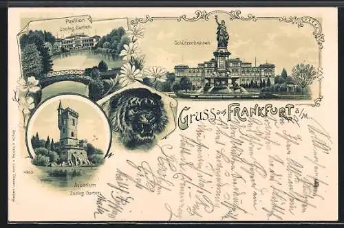 Lithographie Frankfurt-Ostend, Pavillon und Aquarium im Zoo, Schützenbrunnen