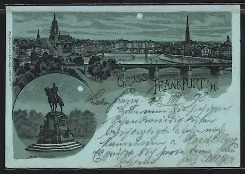 Mondschein-Lithographie Frankfurt a. M., Denkmal Wilhelm I., Ortsansicht mit Main