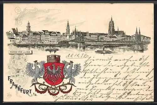 Lithographie Alt-Frankfurt, Eiserner Steg und Dom, Wappen