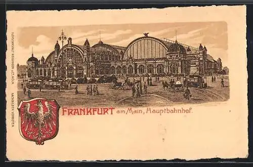 Lithographie Frankfurt a. M., Hauptbahnhof mit Strassenbahnen, Wappen