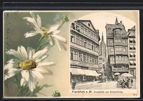 Passepartout-Lithographie Alt-Frankfurt, Domblick am Römerberg, Margeriten
