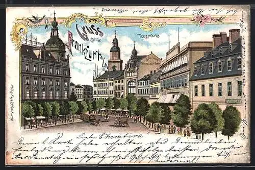 Lithographie Frankfurt /Main, Strassenleben mit Pferdebahn am Rossmarkt