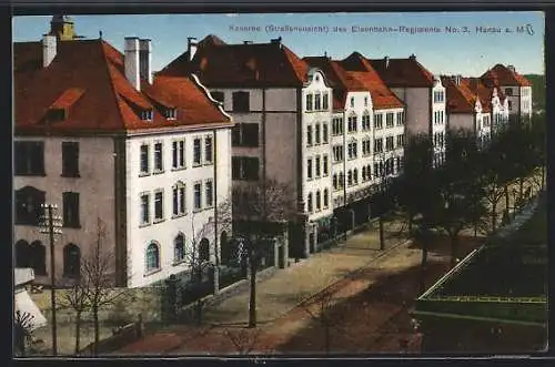 AK Hanau a. M., Kaserne des Eisenbahn-Regiments No. 3, Strassenansicht