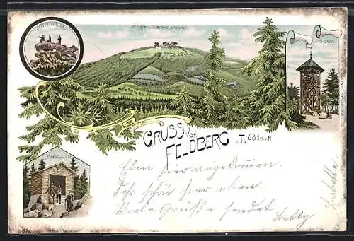 Lithographie Feldberg i. T., Streng-Hütte, Lips-Tempel, Ortsansicht
