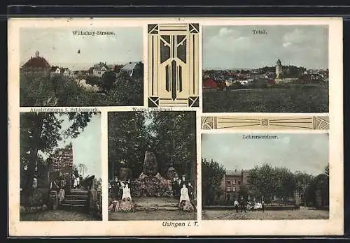 AK Usingen i. T., Wilhelmy-Strasse aus der Vogelschau, Walrad-Denkmal, Lehrerseminar, Totalansicht