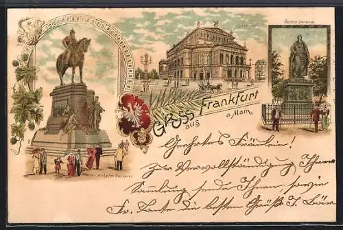 Lithographie Frankfurt a. Main, Goethe-Denkmal, Kaiser Wilhelm Denkmal, Opernhaus