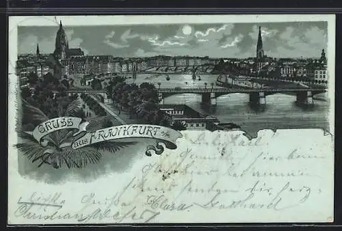 Mondschein-Lithographie Frankfurt a. M., Teilansicht mit Kirche