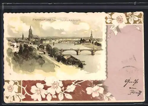 Lithographie Frankfurt a. Main, Totalansicht mit Main-Partie