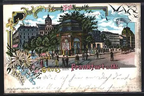 Lithographie Frankfurt a. M., Schillerplatz, Reichspost, Café Bauer