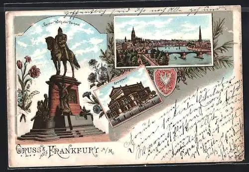 Lithographie Frankfurt /Main, Opernhaus und Kaiser Wilhelm Denkmal