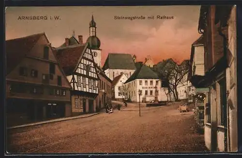 AK Arnsberg i. W., Steinwegstrasse mit Restaurant und Rathaus