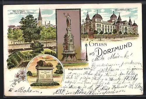 Künstler-AK Dortmund, Vehmlinde mit Petri-Nicolai-Kirche, Fredenbaum, Krieger-Denkmal 1866