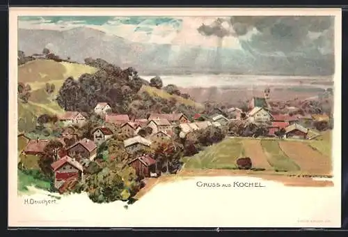 Künstler-AK Heinrich Deuchert: Kochel a. See, Totalansicht im Sonnenschein