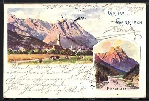 Lithographie Garmisch, Ortspartie mit Kirche, Risser-See