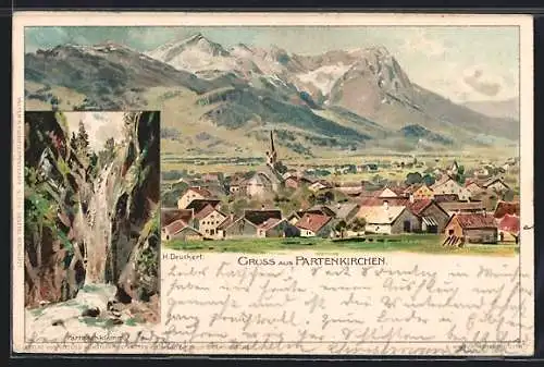 Künstler-AK Heinrich Deuchert: Partenkirchen, Teilansicht mit Kirche, Partnachklamm