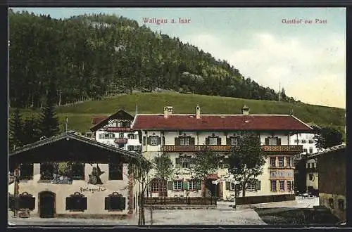 AK Wallgau a. Isar, Am Gasthof zur Post mit Postagentur