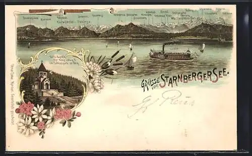 Lithographie Starnberg, Dampfer Bavaria auf dem Starnbergersee, Votiv-Kapelle für König Ludwig II im Schlosspark zu Berg