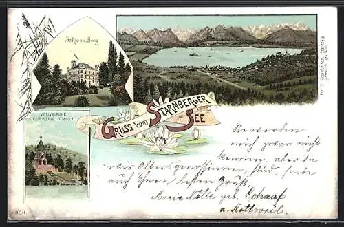 Lithographie Berg / Starnberger See, Schloss Berg, Votivkirche, See mit Umland