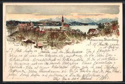 Künstler-AK Starnberg, Blick über die Stadt auf den Starnberger See und die Alpen, um 1900