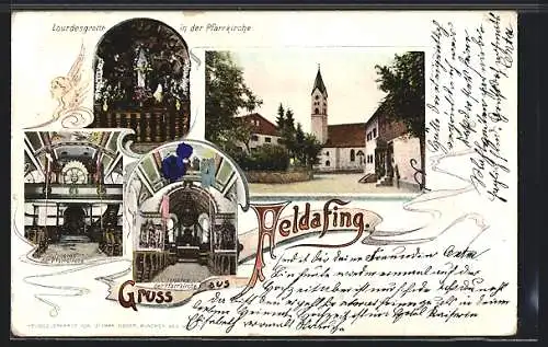 AK Feldafing, Pfarrkirche, Innenansicht, Lourdesgrotte