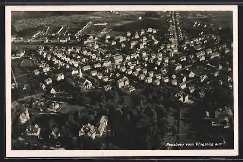 AK Penzberg, Teilansicht mit Kirche, Fliegeraufnahme