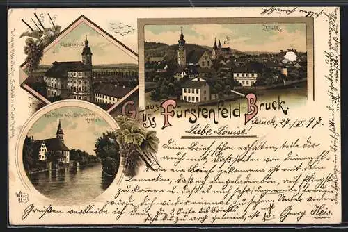 Lithographie Fürstenfeld-Bruck, Teilansicht, Fürstenfeld, Pfarrkirche von der Brücke aus gesehen