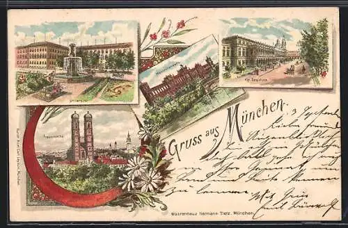 Lithographie München, Potpouri von Stadtansichten, Universität und Maximilianeum