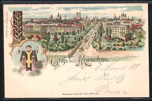 Lithographie München, Panorama mit Maximilianeum, Münchner Kindl