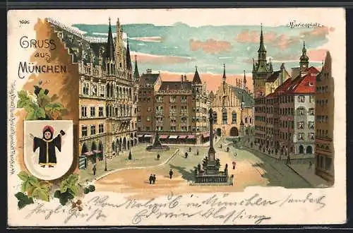Lithographie München, Marienplatz mit Kindl-Wappen