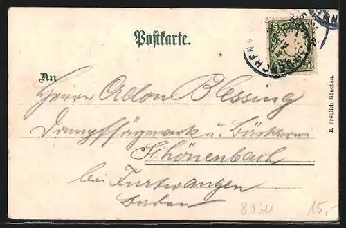 Lithographie München, Marienplatz mit Kindl-Wappen