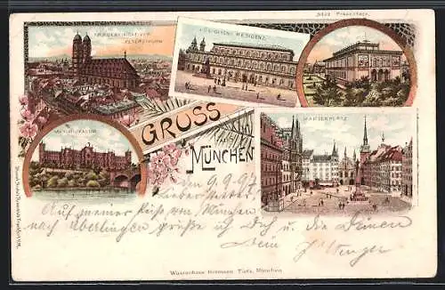 Lithographie München, Frauenkirche, Königliche Residenz, Neue Pinakothek, Marienplatz, Maximilianeum