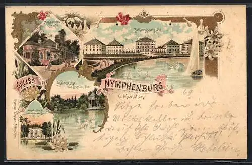 Lithographie Nymphenburg bei München, Schlossansicht, Magdalenen-Kapelle