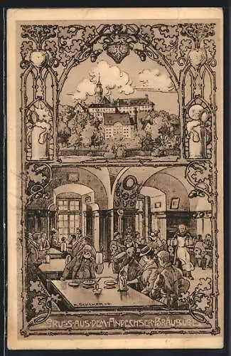 Künstler-AK Andechs, Innenansicht vom Gasthaus Bräustübl, Kloster