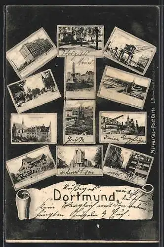 AK Dortmund, Strassenpartie, Obelisk, Brücke, Kran am Hafen