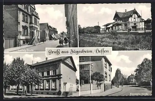 AK Jügesheim /Hessen, Bahnhof, Eisenbahn-Strasse, Post, Ludwig-Strasse