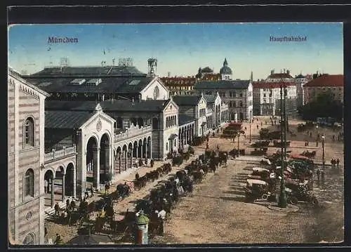AK München, Hauptbahnhof mit wartenden Kutschen