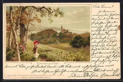 Lithographie Starnberg, Blick auf Ort und Starnberger See