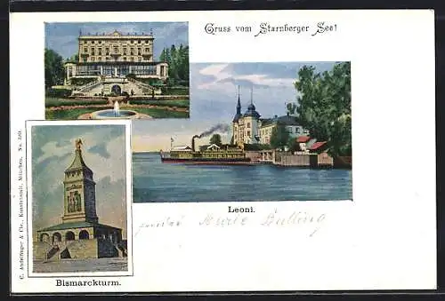 AK Berg am Starnberger See, Seehotel leoni, Bismarckdenkmal und Rottmannshöhe