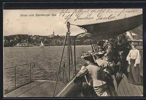 AK Starnberg /Starnberger See, Teilansicht und Steg mit Passagieren