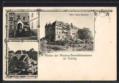 AK Tutzing, Herz Jesu-Kloster der Missions-Benediktinerinnen, Klosterportal, Kirche Maria-Hilf