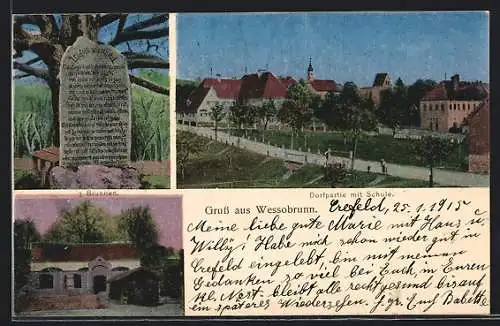 AK Wessobrunn, Dorfpartie mit Schule, 3 Brunnen