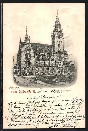Lithographie Elberfeld, Neues Rathaus mit Brunnen